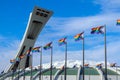 LGBTQ Progress Pride Rainbow Flags in front of Montreal Olympic Stadium