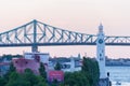 Montreal Clock Tower and Jacques Cartier Bridge at sunset in Summer Royalty Free Stock Photo