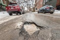Large pothole in Montreal street, Canada