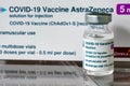 Vial of Astrazeneca Covid-19 vaccine in front of vaccine box