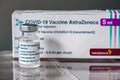 Vial of Astrazeneca Covid-19 vaccine in front of vaccine box Royalty Free Stock Photo