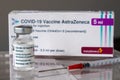 Vial of Astrazeneca Covid-19 vaccine in front of vaccine box Royalty Free Stock Photo