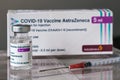 Vial of Astrazeneca Covid-19 vaccine in front of vaccine box Royalty Free Stock Photo