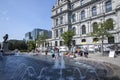 Montreal, Canada - aug 09 2023 - Children play in the waters of the Vauquelin fountain in downtown Montreal, Canada