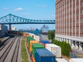 Montreal, Canada - august 19, 2018: View of old port area with train and ship in downtown of Montreal.