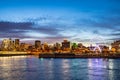 Montreal Canada city skyline at sunset with buildings and river in view. Royalty Free Stock Photo