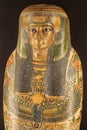 Colorful sarcophagus detail of ancient Egyptian women singer