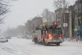 Firetruck on Saint Denis Street during first snow storm of the s