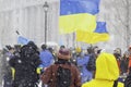 Montreal, Canada Ã¢â¬â February 27 2022: A crowd gathers for a rally in Montreal to protest Russian aggression in the Ukraine