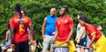 African American male and female percussionists playing djembe and dunun drums at Tam Tams festival in Mount Royal Park