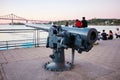 Artillery cannon at old port clock tower Quai de l`Horloge in Montreal, Quebec, Canada Royalty Free Stock Photo