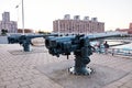 Artillery cannon at old port clock tower Quai de l`Horloge in Montreal, Quebec, Canada Royalty Free Stock Photo