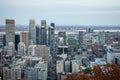 Montreal skyline, with iconic buildings of Downtown and CBD business skyscrapers taken from Mont Royal Hill