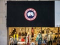 Logo Canada Goose Arctic Program on their main shop. Canada Goose is a Canadian Fashion Apparel brand of winter wear and fur coats Royalty Free Stock Photo