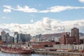 Molson Brewery & a cargo ship in the industrial port of Montreal, Quebec, with the skyline and center business district