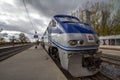 Allo Exo Montreal suburban train with its logo on a locomotive ready for departure in the train station of Gare Lucien L`allier Royalty Free Stock Photo