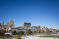 Skyline of the Old Montreal, with the Notre Dame Basilica in front, and Skyscrapers in the background Royalty Free Stock Photo