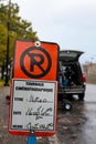 MONTREAL, CANADA - Oct 16, 2010: Sign Prohibiting Parking on the Street Because It is Reserved for a Film Shoot Title is Weather