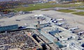 The aerial view of the terminals and planes near Pierre Elliott Trudeau International, Montreal, Canada