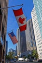 Flags and high buildings on Boulevard Rene Leveque, Montreal Royalty Free Stock Photo