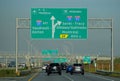 Montreal, Canada - October 28, 2019 - The view of the traffic on the highway towards the airports, and exits into Route 20, Route