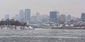 Montreal cityscape on a foggy winter day, view from Jean drapeau parc Royalty Free Stock Photo