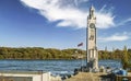 The Montreal Clock Tower before Calder sculture and the Saint Lawrence seaway Royalty Free Stock Photo