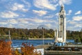 The Montreal Clock Tower before the Biosphere in the Old Port Royalty Free Stock Photo