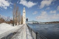 Montreal Clock Tower on a cloudy sky in the Old Port besie the St-Lawrence seaway Royalty Free Stock Photo