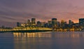 Montreal Downtown skyline during the sunset. Foreground is Saint Lawrence Laurent river Royalty Free Stock Photo