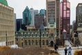 Montreal modern architecture - urban style, high-rise buildings, glass and concrete, street, empty road, cloudy day