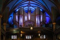 Montreal Notre Dame Basilica, inside the Catholic church - pipe organ, ancient decoration, Gothic style, stained glass windows, co Royalty Free Stock Photo