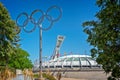 Montreal olympic stadium and olympic rings, Quebec Canada Royalty Free Stock Photo