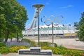 Montreal Olympic Stadium tower, cauldron and olympic rings Royalty Free Stock Photo