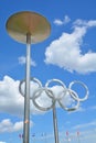 Montreal Olympic Stadium tower & olympic rings & cauldron. Royalty Free Stock Photo