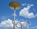 Montreal Olympic Stadium tower & olympic rings & cauldron. Royalty Free Stock Photo