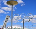 Montreal Olympic Stadium tower & olympic rings & cauldron. Royalty Free Stock Photo