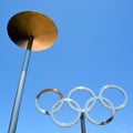 Montreal Olympic Stadium tower & olympic rings & cauldron. Royalty Free Stock Photo