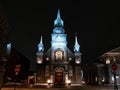 Facade of Notre Dane de Bon Secour Chapel at night in Old Port of Montreal