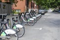 Montreal, Quebec, Canada - 18 July 2016 - Shared bikes are lined Royalty Free Stock Photo