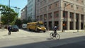 Montreal, Quebec, Canada - 25 June, 2018: School bus stopped at traffic light. Royalty Free Stock Photo