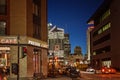 Montreal, Quebec, Canada - March 11, 2016: Evening in downtown Montreal city, early sunset. Image can have grain or noise when vie