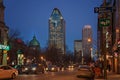 Montreal, Quebec, Canada - March 11, 2016: Evening in downtown Montreal city, early sunset. Image can have grain or noise when vie