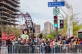 Montreal, Quebec, Canada - May 21, 2017: Sleeping little girl giant marionette and the crowd