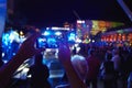 Montreal, Quebec, Canada, September 6, 2018: Des Arts Square, people who are waiting for the concert, a bright bright