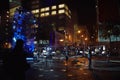 Montreal, Quebec, Canada, September 6, 2018: Des Arts Square, people who are waiting for the concert, a bright bright