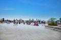 Montreal, Quebec, Canada September 01, 2018: Tourists sit on the steps, enjoying a warm summer day in Belvedere Kondiaronk in Royalty Free Stock Photo