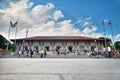 Montreal, Quebec, Canada September 01, 2018: Tourists sit on the steps, enjoying a warm summer day in Belvedere Kondiaronk in Royalty Free Stock Photo