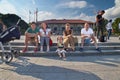 Montreal, Quebec, Canada September 01, 2018: Tourists sit on the steps, enjoying a warm summer day in Belvedere Kondiaronk in Royalty Free Stock Photo