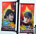 Sign F1 race car champion in 2006 Fernando Alonso and 2005 Kimi Raikkonen Royalty Free Stock Photo